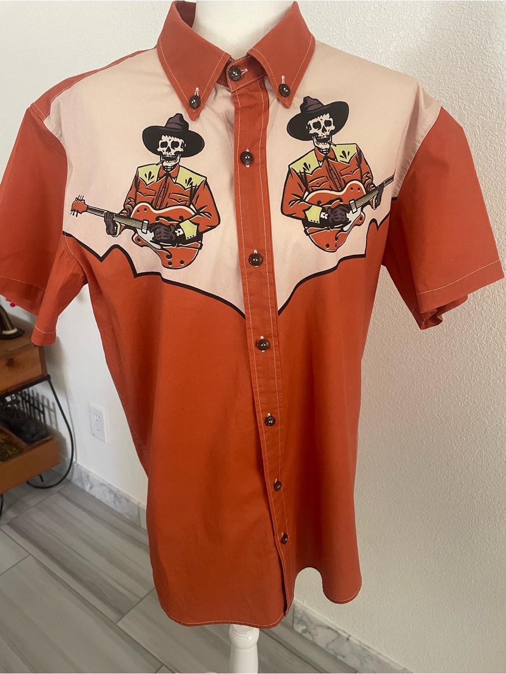 Boozelele Men's Medium Orange Western Skeleton Cowboy Guitar Button Up Shirt